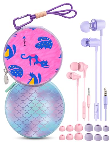 2-Pack Wired Earbuds with Cases, 3.5mm School Headphones,Daisies Butterfly - color: Mermaid & Cats
