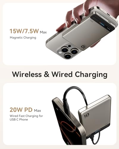 Kuulaa for MagSafe Battery Pack 10000mAh, 20W Ultra Slim Wireless Portable Phone Charger with LED Display, Magnetic Power Bank for iPhone 16/15/14/13/12 - color: Titanium
