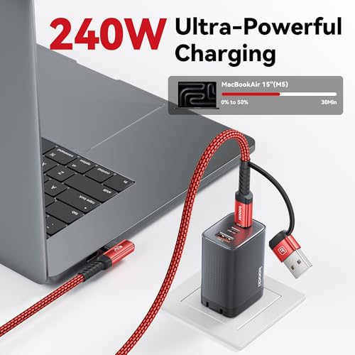 240W USB C to USB C Cable 10FT 2Pack, 2-in-1 Right Angle, Fast Charging - color: Red