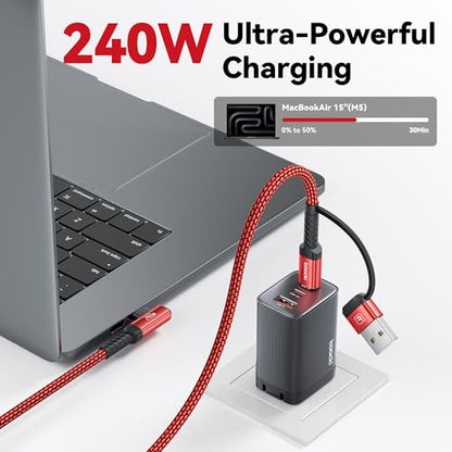 240W USB C to USB C Cable 10FT 2Pack, 2-in-1 Right Angle, Fast Charging - color: Red