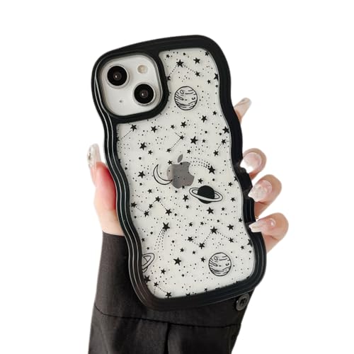 ZTOFERA for iPhone 14 Plus/15 Plus Case 6.7 inch,Cute Curly Wave Frame Shape Case with Star Space Pattern, Clear Slim Shockproof Hard PC Bumper Phone Cover for iPhone 14 Plus/15 Plus, Black - color: Black, size: iPhone 14 Plus/15 Plus 6.7"
