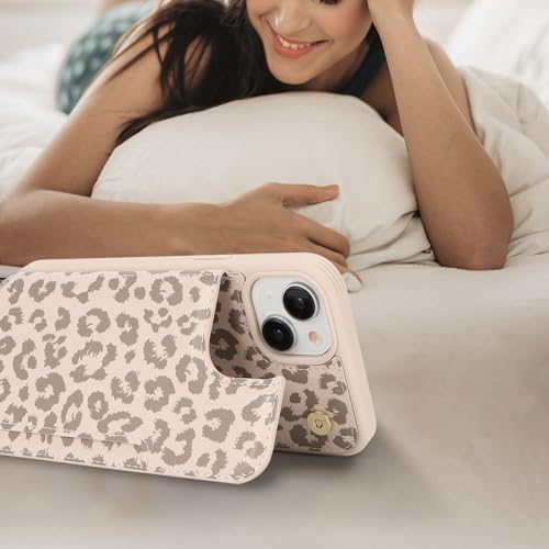 iCoverCase Compatible with iPhone 14 Case with Card Holder, Wallet Case for Women Men RFID Blocking PU Leather Protective Phone Case 6.1 Inch (Beige Leopard) - color: Beige Leopard
