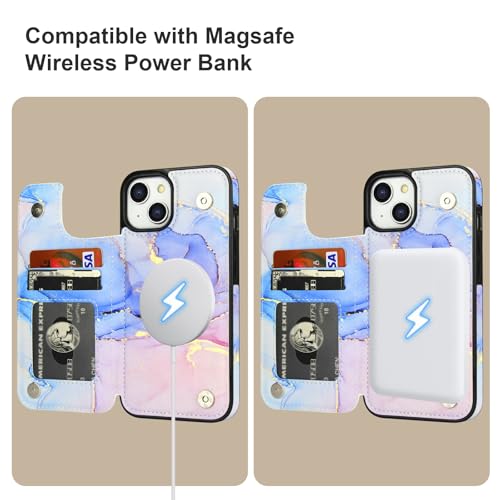 HAOPINSH for iPhone 14 Case Wallet Compatible with MagSafe Wireless Charging, Pink Blue Marble Pattern Back Flip Folio RFID Blocking Leather Kickstand Card Slots Case Double Magnetic Clasp Cover 6.1" - color: Pink Blue Marble MagSafe
