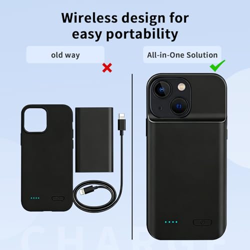 Battery Charger Case for iPhone 13/14, 10000mAh Extended Portable Charger Case (6.1'inch) with Secure Fit & LED Power Indicator-Black