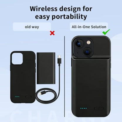 Battery Charger Case for iPhone 13/14, 10000mAh Extended Portable Charger Case (6.1'inch) with Secure Fit & LED Power Indicator-Black