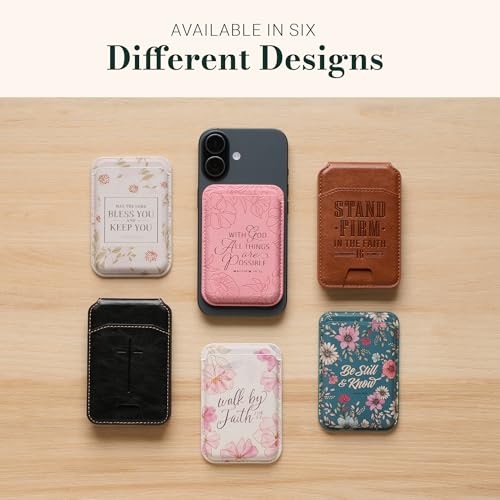 Christian Art Gifts Magsafe Compatible Magnetic Faux Leather Phone Wallet Stand for Men/Women: Multiple Non-Slip Card Slots, Secure Button Closure, ID Window, Debossed Cross Design, Black, 3.9" x 2.5" - color: Black Snap Closure/Cross