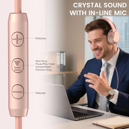 USB C Wired Over-Ear Headphones with Microphone - color: New Rose Gold