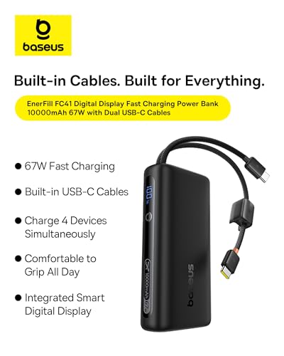 Baseus Mini Power Bank Fast Charging 67W, 10000mAh Small Portable Phone Charger Built-in Dual USB C Braided Cable, Travel Essential Battery Pack for iPhone 17/16/15, iPad, Samsung Galaxy S25/S24 etc.