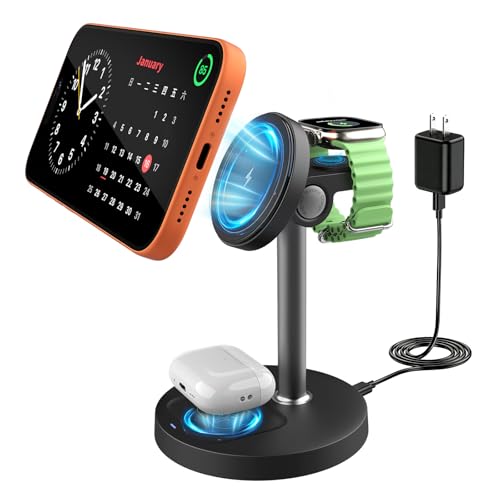3-in-1 Magnetic Wireless Charger, 15W for iPhone/Watch/AirPods - color: black