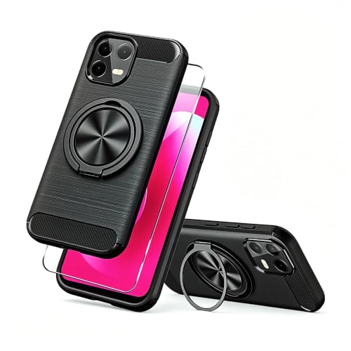 Compatible for T-Mobile REVVL 8 Pro / T Phone 3 Pro 5G Phone Case with Screen Protector, 360° Rotatable Ring Holder & Kickstand, Shock Absorbing Flexible TPU Rubber Protective Cover Case (Black) - color: Revvl 8 Pro Black