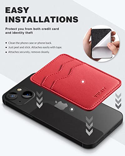 VULKIT Stick on Card Holder Compatible for iphone Leather Cell Phone Wallet Credit Card Case Strong Sticker for Women - color: Red