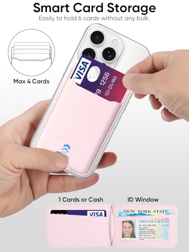 TopMade Phone Card Holder, Leather Phone Wallet Stick on with Stand, Open ID Window, Strongest 3M Adhesive Credit Card Holder for Back of Phone Case, iPhone, Samsung, and Android, Fit 6 Cards, Pink - color: Pink