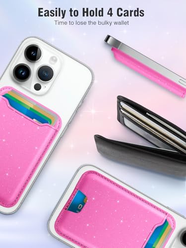 TopMade for Magsafe Wallet, Sparkle Magnetic Card Holder for iPhone 17, iPhone 16/15/14/13/12 Series, Leather Magnetic Phone Wallet with Powerful Magnet, RFID Blocking, Fit 4 Cards, Glitter Pink - color: Glitter Pink