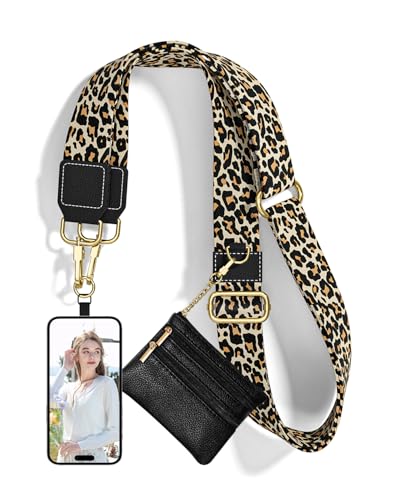 Nipichsha Crossbody Phone Strap with Wallet, Clip and Go Strap for Phone - color: Black Leopard