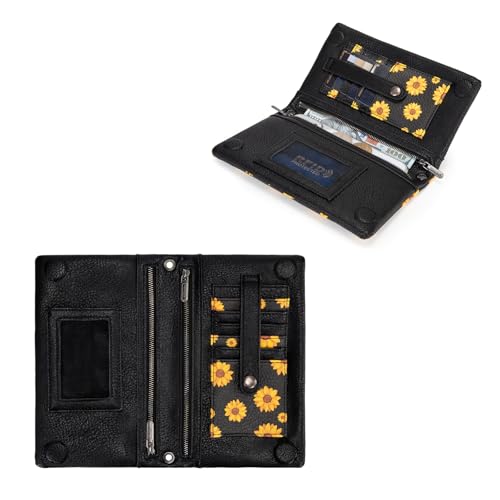Wrangler Crossbody Wallet Women Black Sunflower Daisy Large Capacity Wallets RFID Blocking Bifold Clutch Small Purse with Crossbody Strap - color: Aa--black