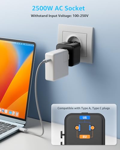 “Air” Universal Travel Adapter 2500W Max AC, Cover 200+ Countries - color: Black, size: A1R AC(NO USB)
