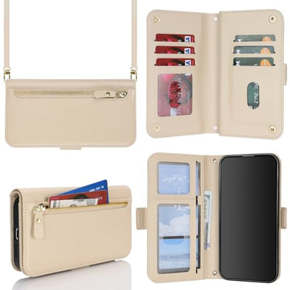 for iPhone 15 Pro Wallet Case for Women,for iPhone 15 Pro Case with Strap Crossbody Lanyard,PU Leather Shockproof Card Holder Stand Zipper Pocket Flip Phone Case-Beige - color: Beige