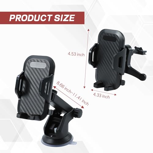Car Phone Holder, Strong Suction Cup Dashboard Cellphone Holder for Car, Extendable&Foldable, 360° Adjustable Vehicle Phone Mount with Air Vent Hook, Universal Fit All Smartphones (2 in 1)