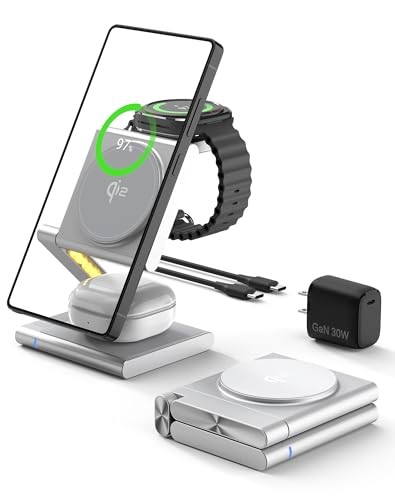 4 in 1 Wireless Charging Station for Samsung, Foldable Aluminum Magnetic Charger with LED Light for Samsung Galaxy S25/Ultra/S24/S23/S22, Galaxy Watch 8/7/6/5, Galaxy Buds/Pro - color: Silver