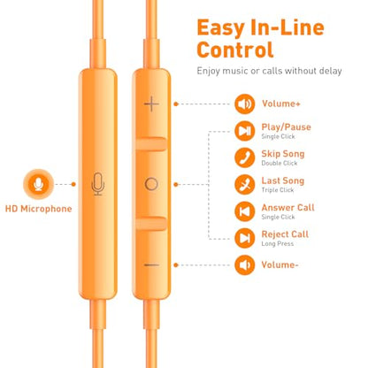 USB C Headphones Magnetic Wired Earbuds with Mic Volume Control 4ft Orange - color: Orange