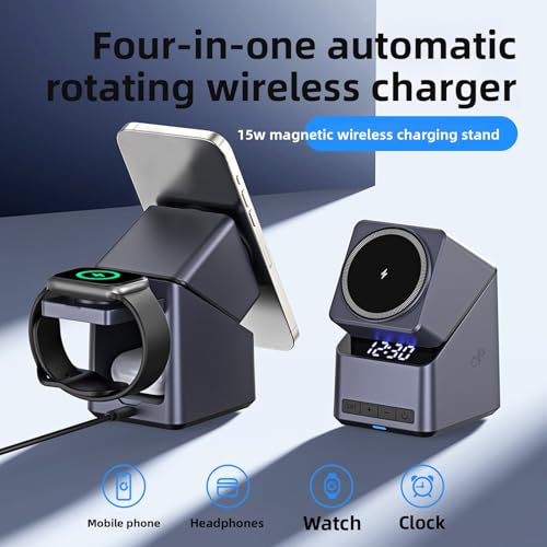 Jiawu Wireless Charging Station, 4 in 1 Wireless Charger Stand Magnetic for Multiple Devices for Air 17 16 15 14 13 12 Series, Smartwatch, Earbuds, 180 Rotation with Time Display