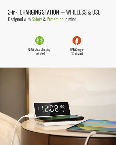 Soundfreaq Charge Rise II, SFQ-20: Digital Alarm Clock, with Fast USB Charger and Wireless Charger (White, Home) - color: White