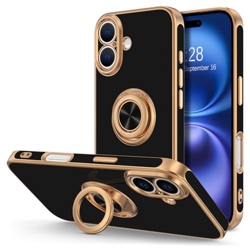 Hython for iPhone 16 Plus Case with Ring Stand, 360° Rotatable Ring Holder Magnetic Kickstand, Plating Rose Gold Edge Soft Cover Protective Phone Case for iPhone 16 Plus 6.7", Black - color: Black, size: Iphone 16 Plus - 6.7 Inch