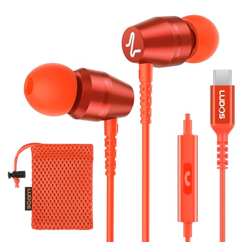 LUDOS OMNITONE USB C Headphones for iPhone 17 16 15 Pro Max Plus Air iPad Pro, 5 Years Warranty, USB-C Earbuds for Samsung Galaxy S24 S23 Ultra S22 S21 FE S20 Z Flip 3 Fold 4, USB Type C Earphones - color: Coral, style: USB-C