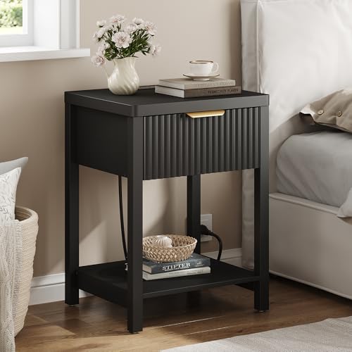 Night Stand Set 2, Fluted Wood Nightstands w/Charging Station for Bedroom - color: Black, size: 1 Drawer-Set of 2 Nightstand