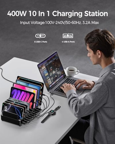 Rocoren 400W 10‑Port Charging Station,Dual PD 100W Dock w/ 6 Cables
