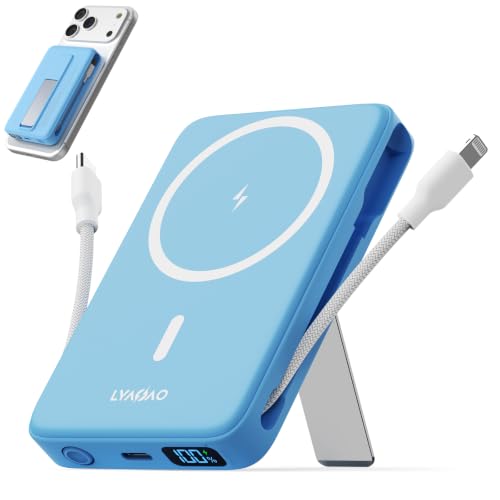 Magnetic Portable Charger 10000mAh, 22.5W Power Bank with Built in Cable - color: Light blue