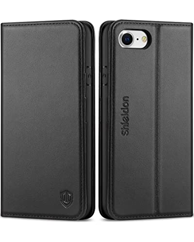 SHIELDON Genuine Leather Wallet Case for iPhone SE 2022/SE 2020/8/7, Black | Magnetic Closure, RFID Blocking, Credit Card Holder, Kickstand, Folio Design, Shockproof Phone Cover - color: Black