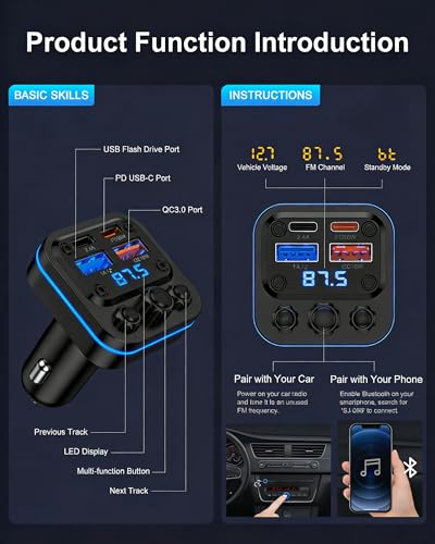 Bluetooth Fm Transmitter for Car, Fast Charging, Blue Tooth 5.4 Car Charger - color: Car Charger Transmitter