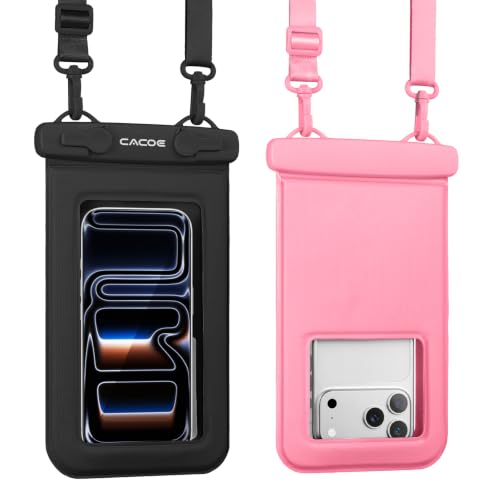 CACOE Floatable Waterproof Phone Pouch 2 Pack Up to 9.0", Black+Pink | Floatable, IPX8 Waterproof Phone Case,Adjustable Lanyard,Dry Bags for Beach/Cruise/Travel/Camping/Kayak/Vacation Essentials - color: Black+Pink#1, size: Up to 9.0"-Floatable