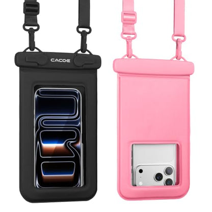 CACOE Floatable Waterproof Phone Pouch 2 Pack Up to 9.0", Black+Pink | Floatable, IPX8 Waterproof Phone Case,Adjustable Lanyard,Dry Bags for Beach/Cruise/Travel/Camping/Kayak/Vacation Essentials - color: Black+Pink#1, size: Up to 9.0"-Floatable