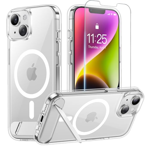 Magnetic for iPhone 14 Case & iPhone 13 Case with Stand Clear | (Screen Protector)(Compatible with MagSafe)(Military Grade Shockproof) Transparent Drop Protection Slim Phone Case,6.1" - color: Clear, size: For IPhone 14/13