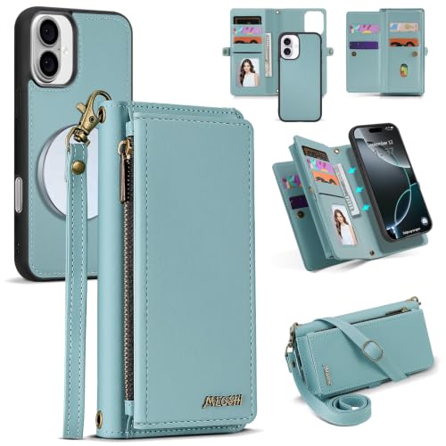 for iPhone 16 Wallet Case, Detachable Magnetic Shockproof Phone Case,Faux Leather Crossbody Wallet,with RFID Blocking，Zipper Card Holder，Shoulder Strap (Blue) - color: Blue, size: iPhone 16