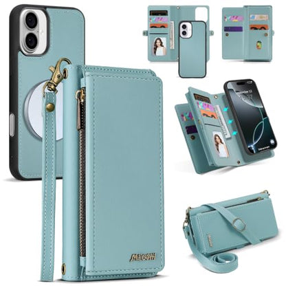 for iPhone 16 Wallet Case, Detachable Magnetic Shockproof Phone Case,Faux Leather Crossbody Wallet,with RFID Blocking，Zipper Card Holder，Shoulder Strap (Blue) - color: Blue, size: iPhone 16