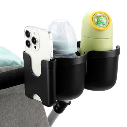Accmor Stroller Cup Holder with Phone Holder, Bike Cup Holder, Universal Cup Holder for Uppababy Nuna Strollers, 2-in-1 Drinks Holder for Walker, Wheelchair, Scooter - color: Double Holder-All Black
