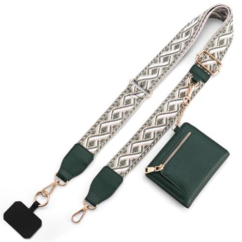 Diaclara Clip and Go Phone Strap with Zipper Pouch- Stylish Crossbody Adjustable Chain Lanyard with Leather Wallet for All Phones, Dark Green - color: Dark Green