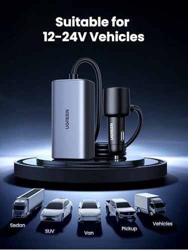 UGREEN 150W 4-Port Retractable Car Charger with Built-in Cable