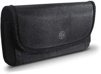AH Military Grade Nylon Cell Phone Pouch - Clip Holder for Belt Loop, Fits iPhone 13/14 Max/Pro, S20 Plus, Otterbox (Large) - color: BLACK, size: Large (7.0 X 3.8 X 0.7 in)