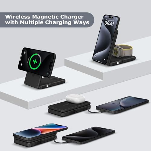 Wireless Charging Station Compatible for Phone: 3 in 1 Charger Stand for Phone 17/16/15/14/13/12 Series and Watch - Foldable USB C Magnetic Stand