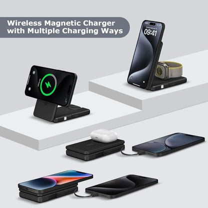 Wireless Charging Station Compatible for Phone: 3 in 1 Charger Stand for Phone 17/16/15/14/13/12 Series and Watch - Foldable USB C Magnetic Stand