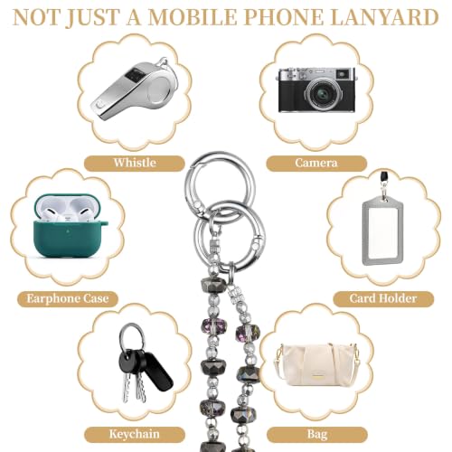 WOZEAH Crystal Cell Phone Lanyard Crossbody Strap for Women, Beaded Phone Strap for Cellphone Case with Tether Tab - color: Grey Square Crystal