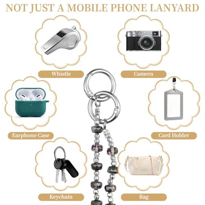 WOZEAH Crystal Cell Phone Lanyard Crossbody Strap for Women, Beaded Phone Strap for Cellphone Case with Tether Tab - color: Grey Square Crystal