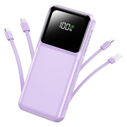 Portable Charger with Built in Cable - 22.5W Power Bank Fast Charging USB C LED Display 10000mAh Travel Battery Pack 5 Outputs & 3 Inputs for iPhone Samsung Android iPad Phones Tablets etc Purple - color: Purple