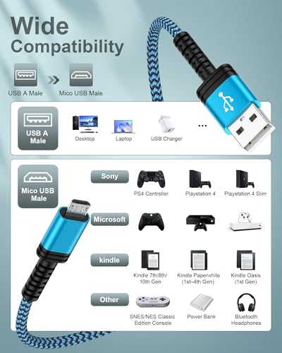 Micro USB Cable 6ft Long, Best Replacement USB to Micro-USB Android Cord - color: Blue, style: Micro USB Cable
