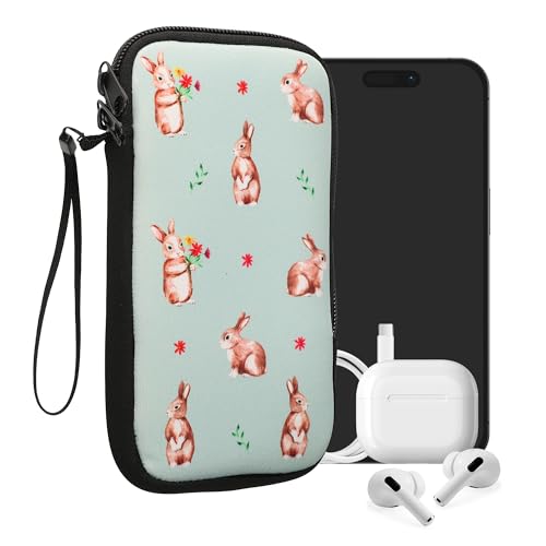 kwmobile Neoprene Sleeve for Smartphone Size XXL - 7" - Shock Absorbing Pouch Case - Protective Phone Bag - Rabbits and Flowers White/Brown/Gray Green - style: Rabbits and Flowers 02-05-172