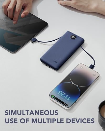 VRURC Portable Charger Built-in Cables and AC Wall Plug, USB C Power Bank 10000mAh, Travel Battery Portable Phone Charger Compact Lightweight External Battery Pack for Smart Phones, Tablets etc-Navy - color: Navy